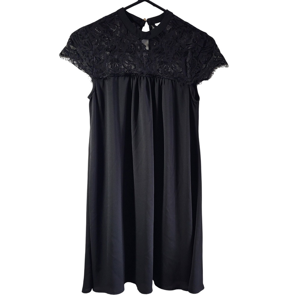 Black Lace Cap Sleeve Mock Neck Keyhole Trapeze Shift Dress Lace Flowy Whimsy